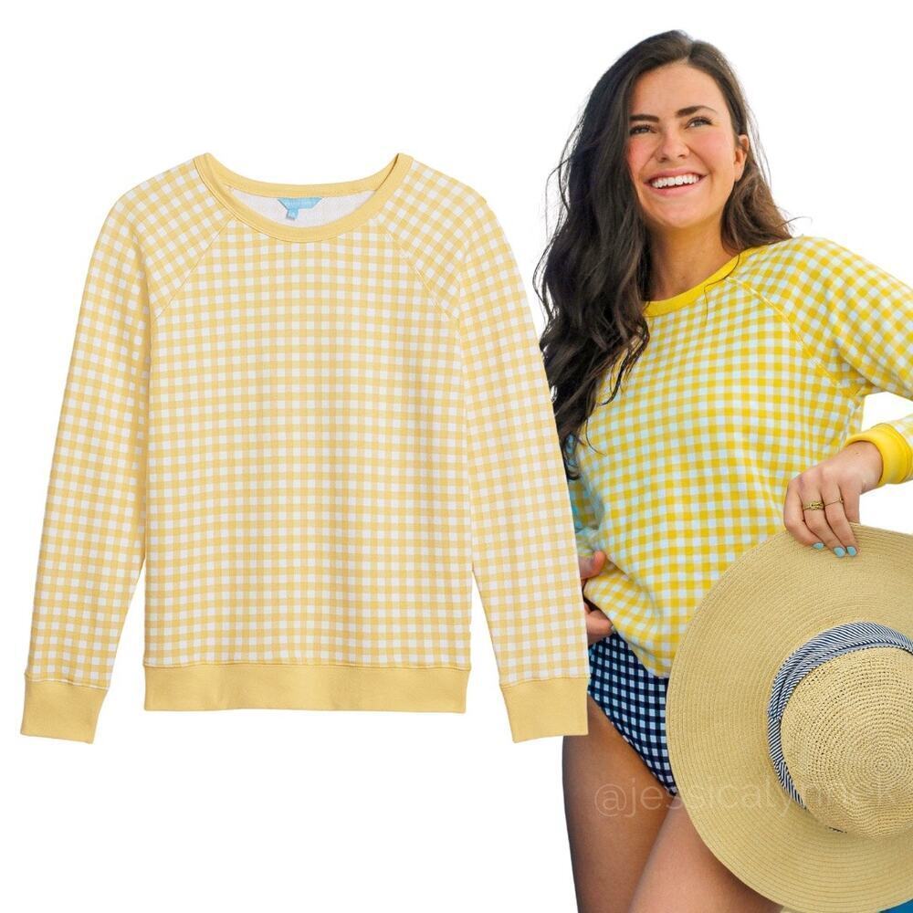 Draper James Gingham Print Crew Neck Pullover Sweatshirt Top Yellow White - S